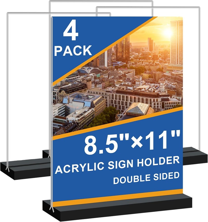Seencool 8.5x11 Acrylic Sign Holder Vertical Double-sided Tabletop Sign Holder with Black Base, Plastic Picture Frame Paper Holder, Clear Menu Display Stand for Office Restaurant Store Home 4 pack - Image 1
